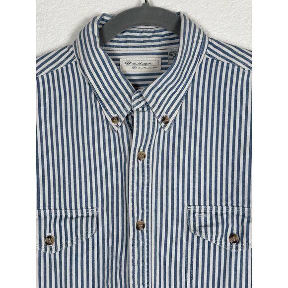 VTG Badge Denim Mens SZ XL heavy denim blue & white vertical striped long sleeve - Picture 2 of 7